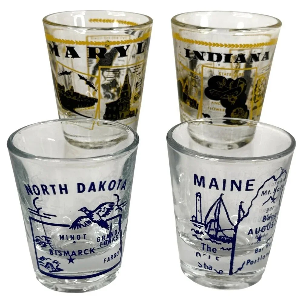 Set Of 4 Vintage Shot Glasses State Theme Maryland Indiana North Dakota And Main